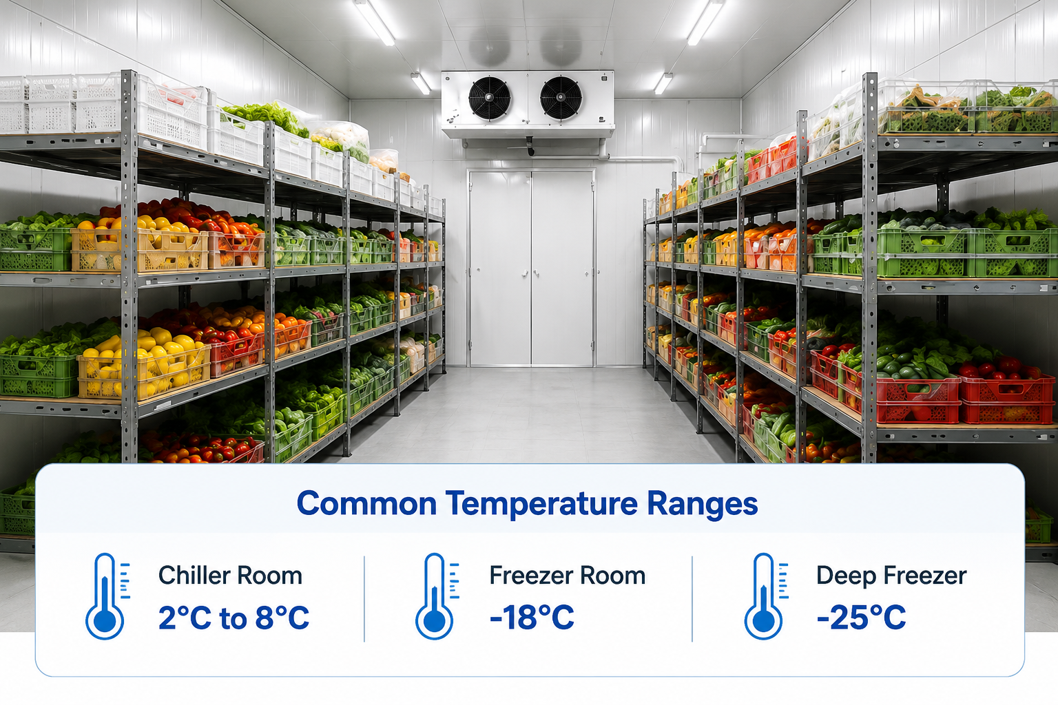 Cold Room Storage with shelves full of vegetables and fruits